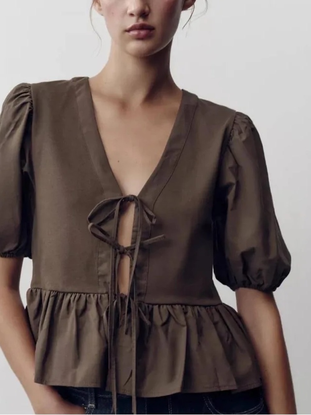 NWT Zara Olive Brown Tie-Front Peplum Blouse